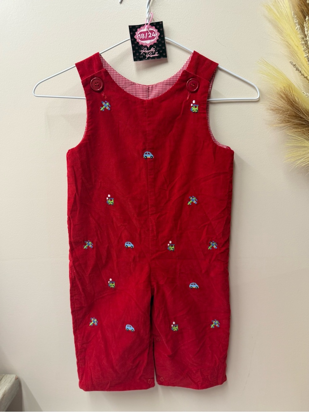 Red Embroidered Corduroy Kids One-Piece Romper